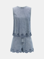 Embroidered Denim Two Piece Shorts Set