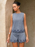 Embroidered Denim Two Piece Shorts Set
