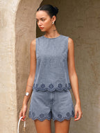 Embroidered Denim Two Piece Shorts Set