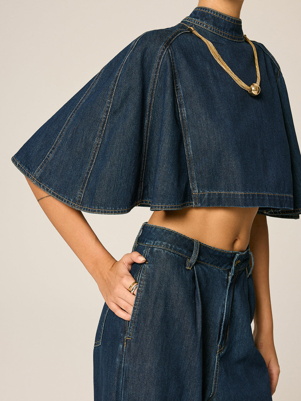 Cape Sleeve Back Zipper Cropped Denim Top