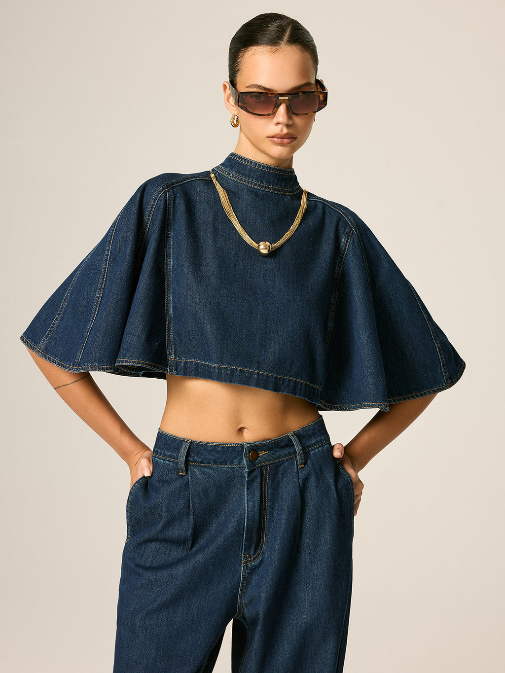 Cape Sleeve Back Zipper Cropped Denim Top