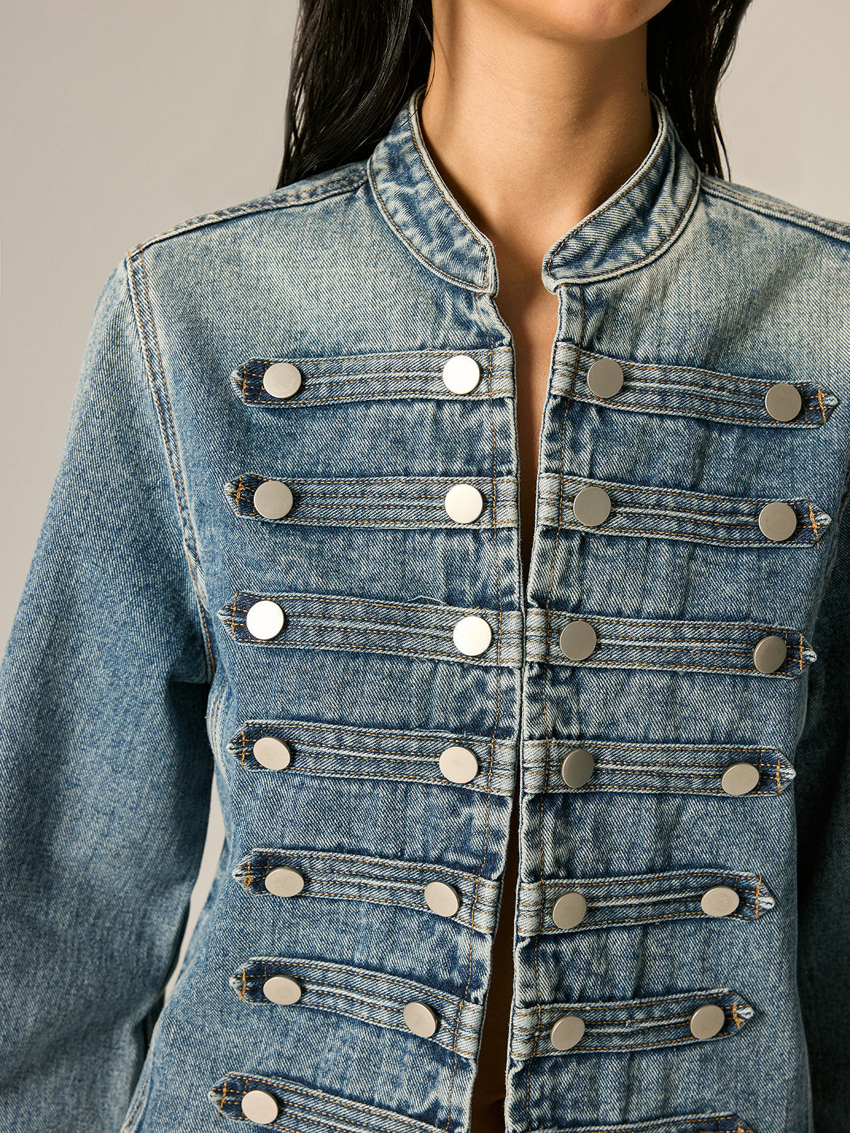 Napoleon Style Stand Collar Denim Jacket