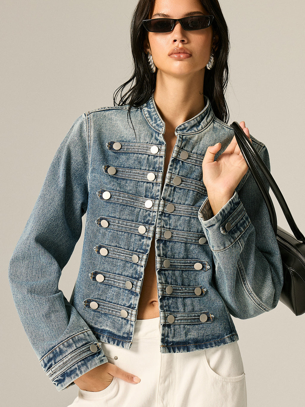 Napoleon Style Stand Collar Denim Jacket