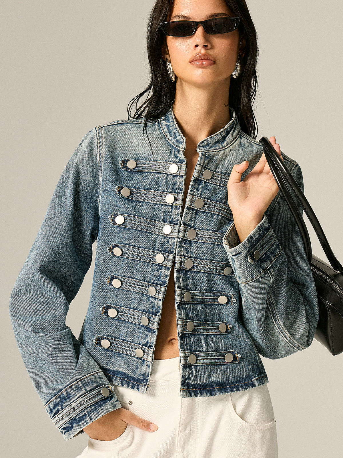 Napoleon Style Stand Collar Denim Jacket