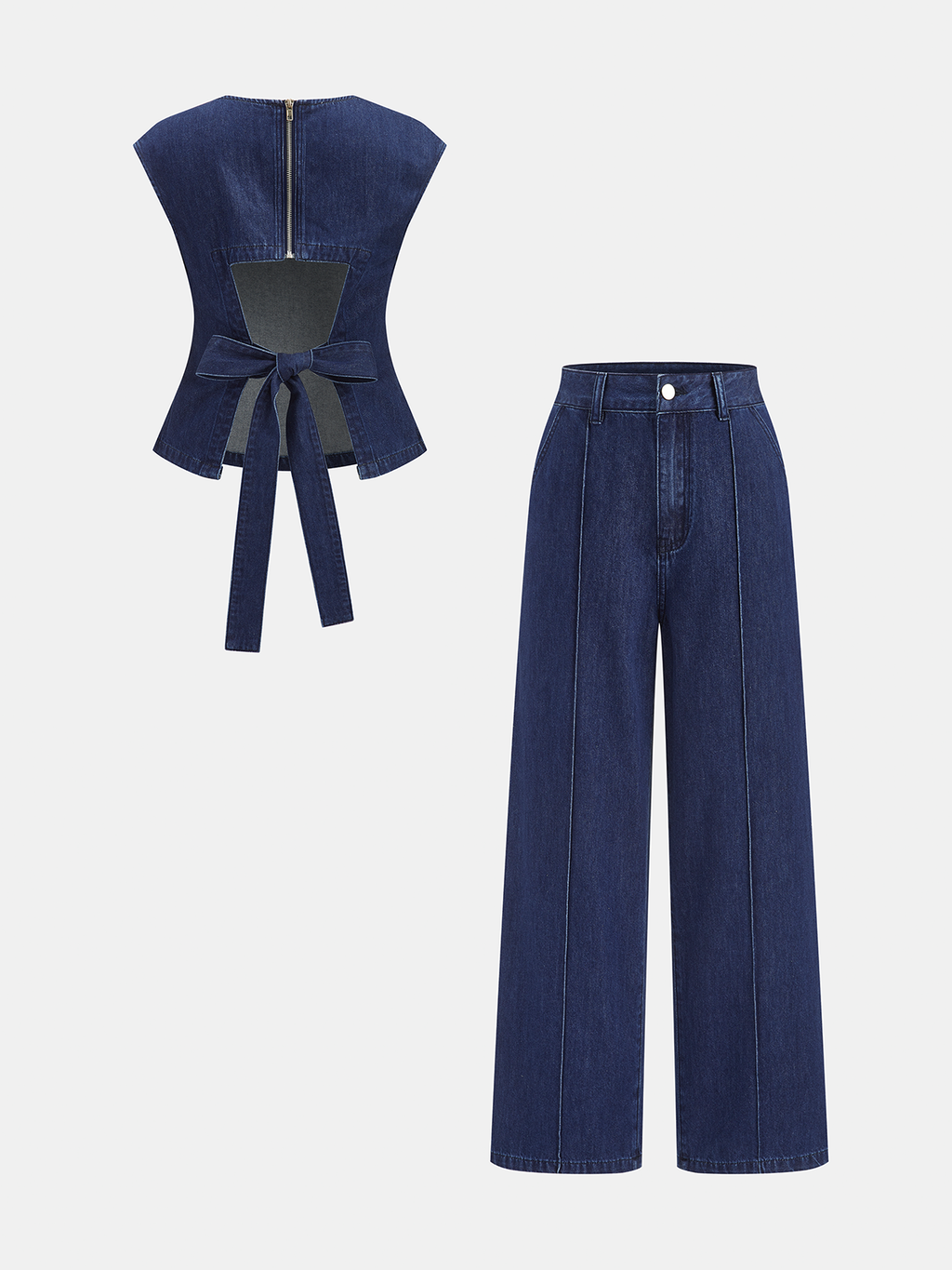Back Bow Cutout Sleeveless Denim Two Piece Set