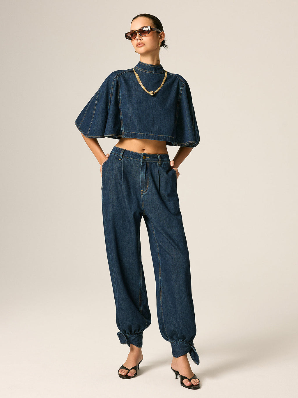 Cape Sleeve Back Zipper Cropped Denim Top