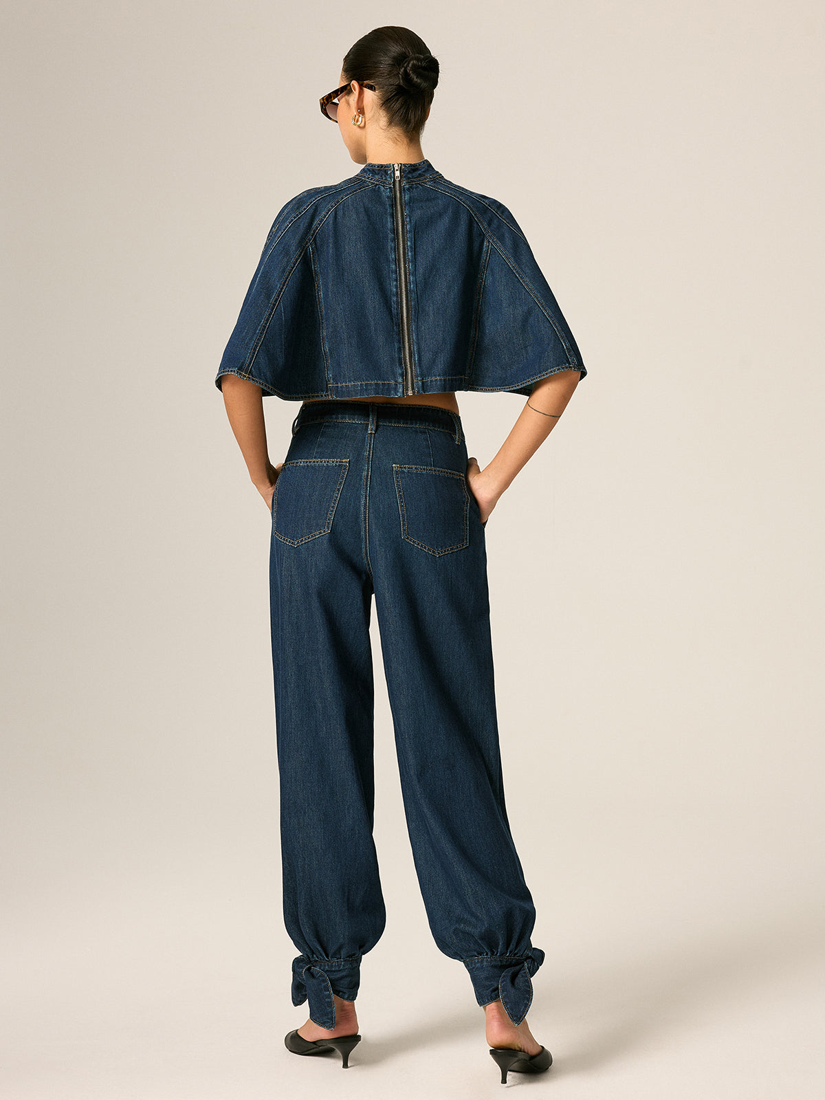 Cape Sleeve Back Zipper Cropped Denim Top