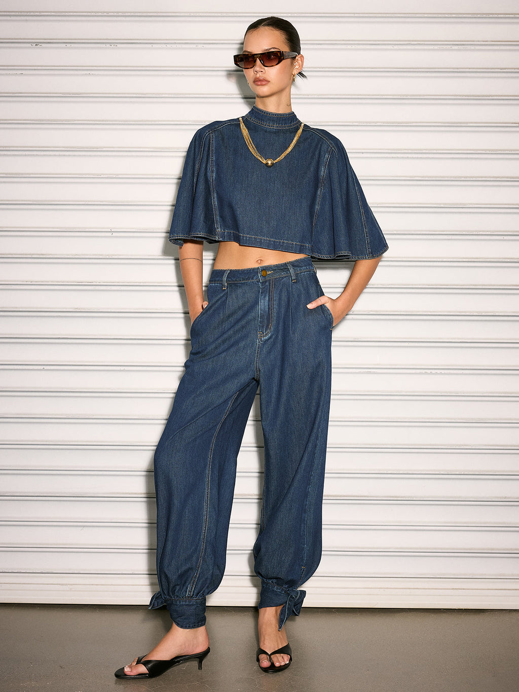 Cape Sleeve Back Zipper Cropped Denim Top