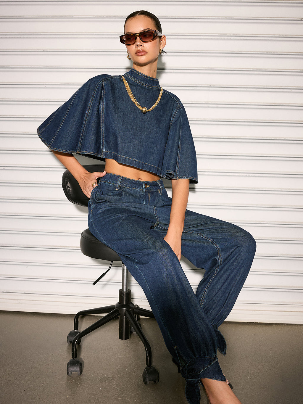 Cape Sleeve Back Zipper Cropped Denim Top