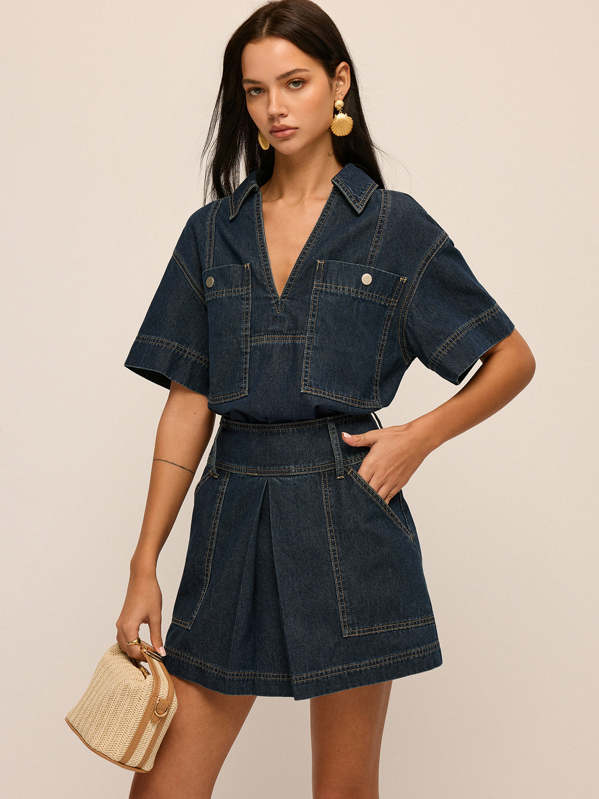 Short Sleeve Denim Blouse & Mini Skirt Set