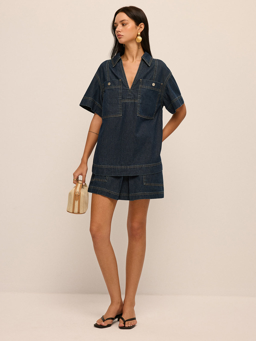 Short Sleeve Denim Blouse & Mini Skirt Set