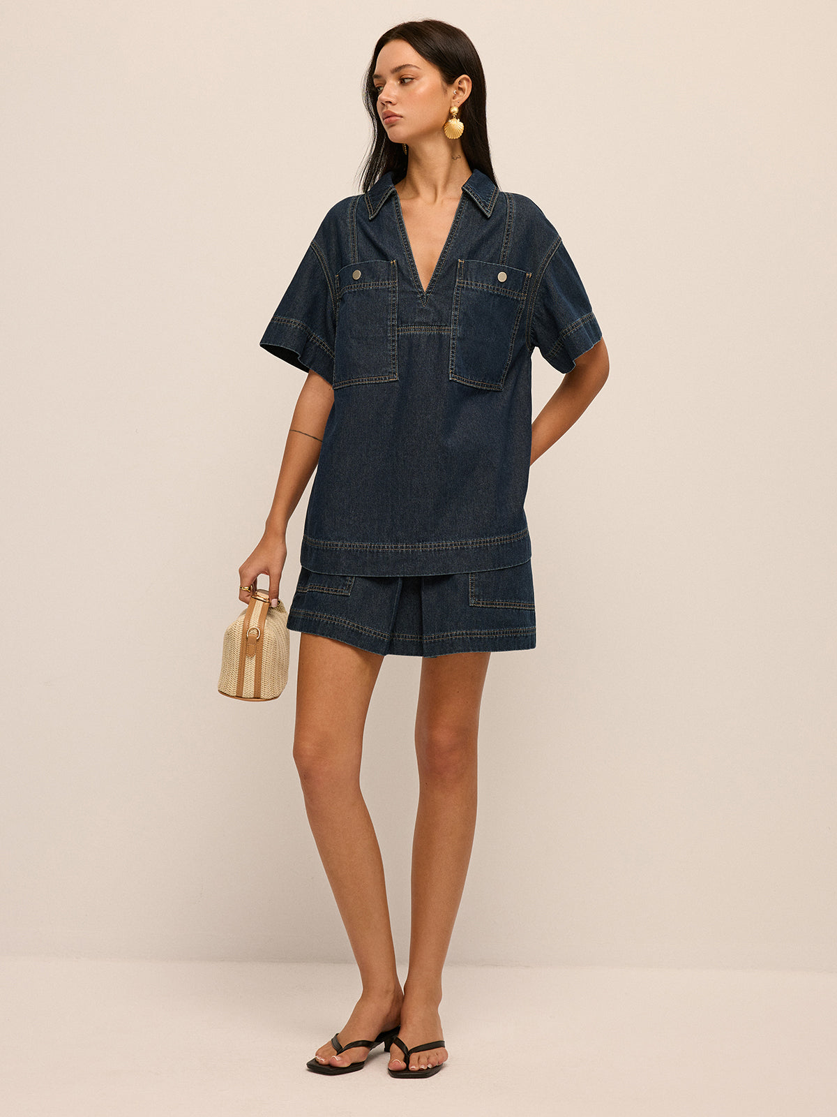 Short Sleeve Denim Blouse & Mini Skirt Set