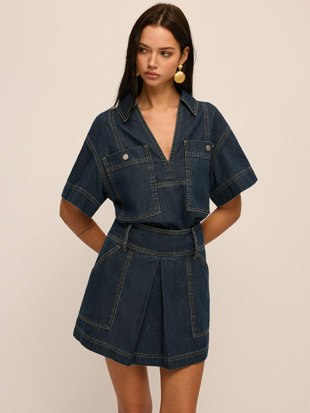 Short Sleeve Denim Blouse & Mini Skirt Set