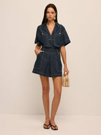 Short Sleeve Denim Blouse & Mini Skirt Set