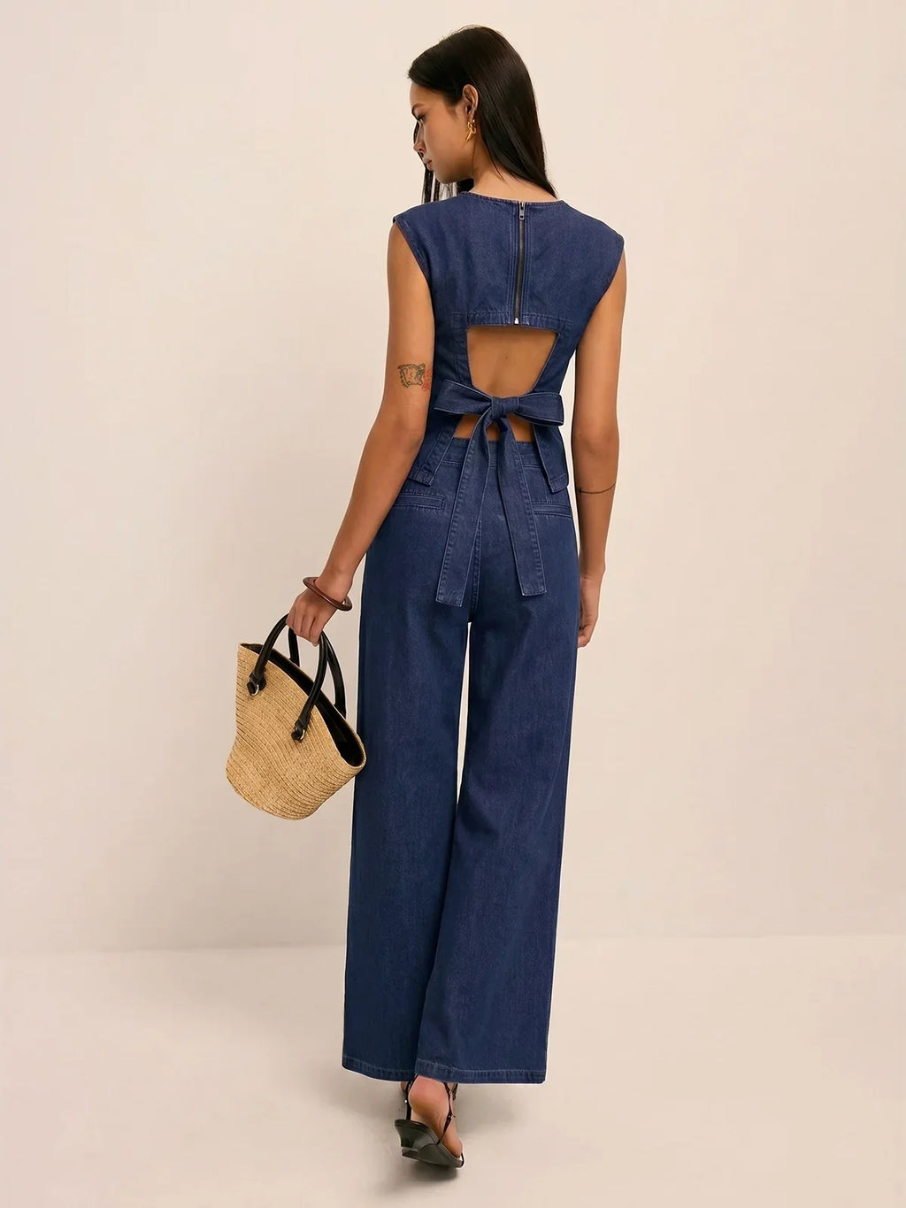Back Bow Cutout Sleeveless Denim Two Piece Set