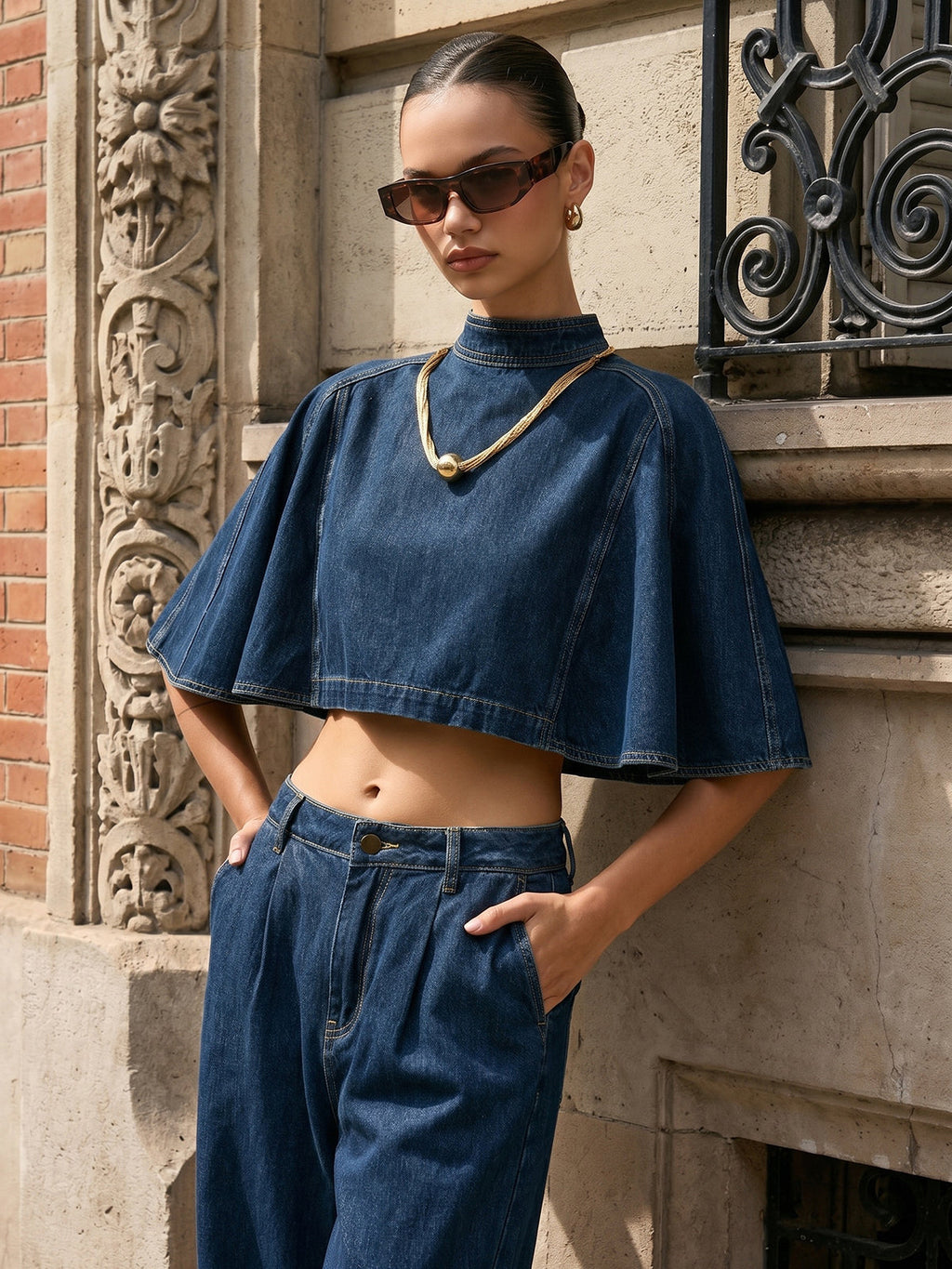 Cape Sleeve Back Zipper Cropped Denim Top