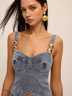 Metal Detail Denim Corset Top & Shorts Set
