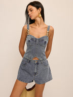 Metal Detail Denim Corset Top & Shorts Set