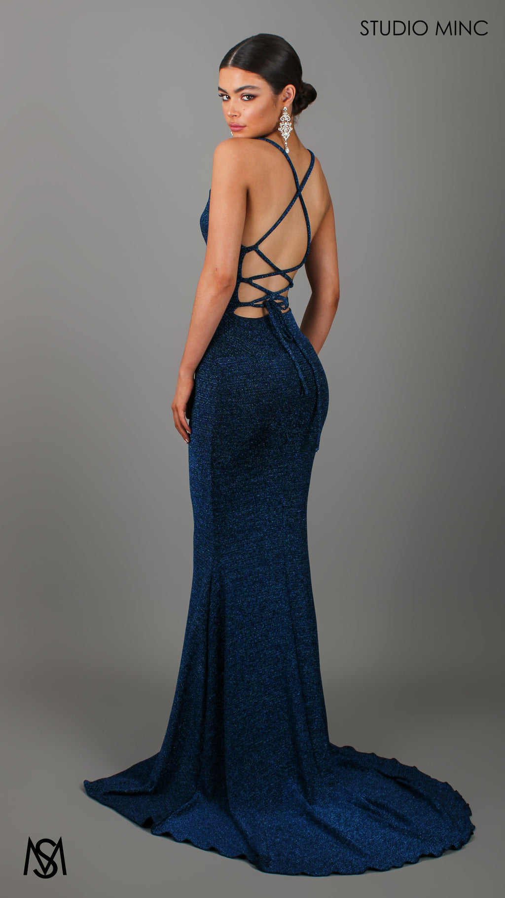 AURA - Navy Blue Shimmer Figure Flattering Formal Dress with Cowl Neckline