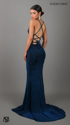 AURA - Navy Blue Shimmer Figure Flattering Formal Dress with Cowl Neckline