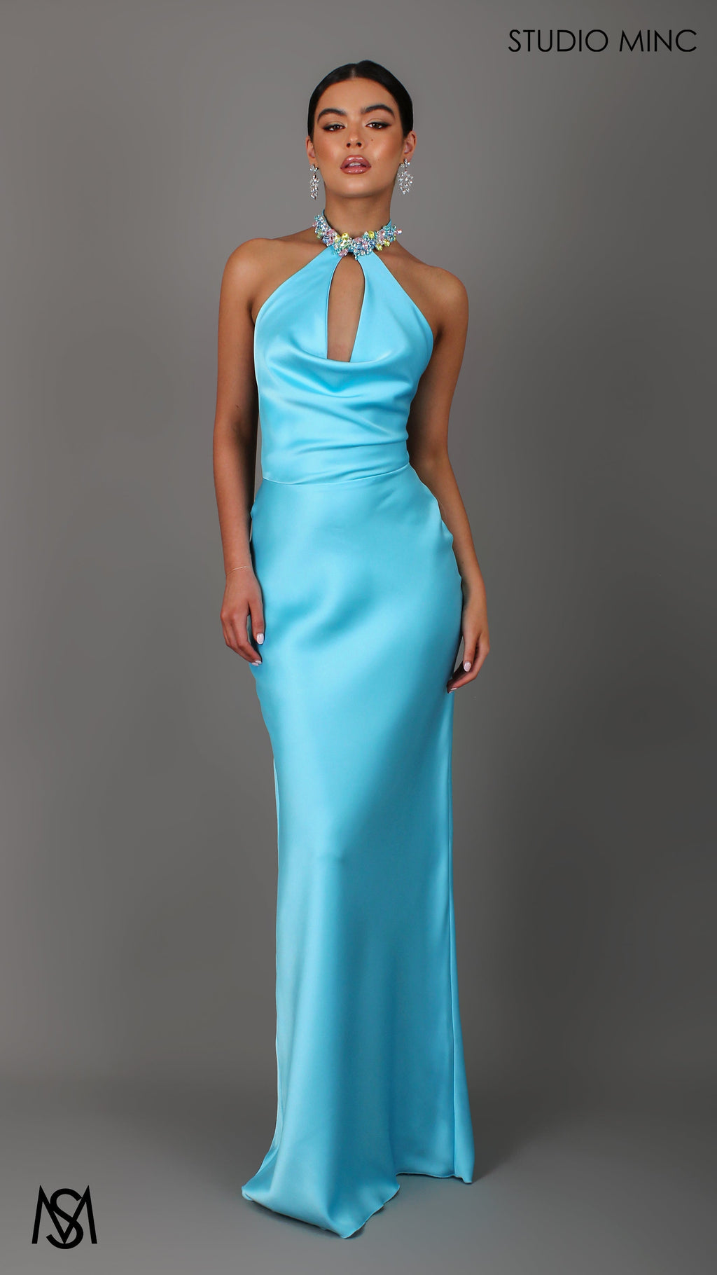 Jewel - Aqua Blue Formal Dress, Satin High Neck Plunge, Diamante choker, Backless