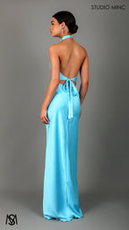 Jewel - Aqua Blue Formal Dress, Satin High Neck Plunge, Diamante choker, Backless