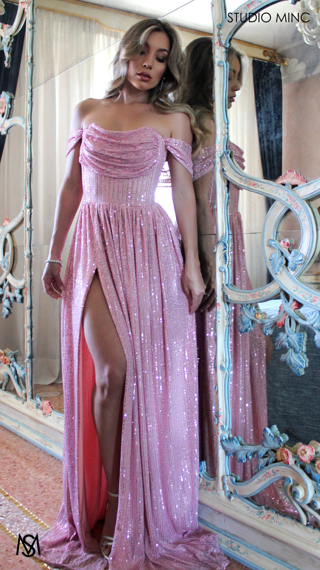 Crush - BLUSH PINK SEQUIN FORMAL DRESS WITH ARM DRAPES