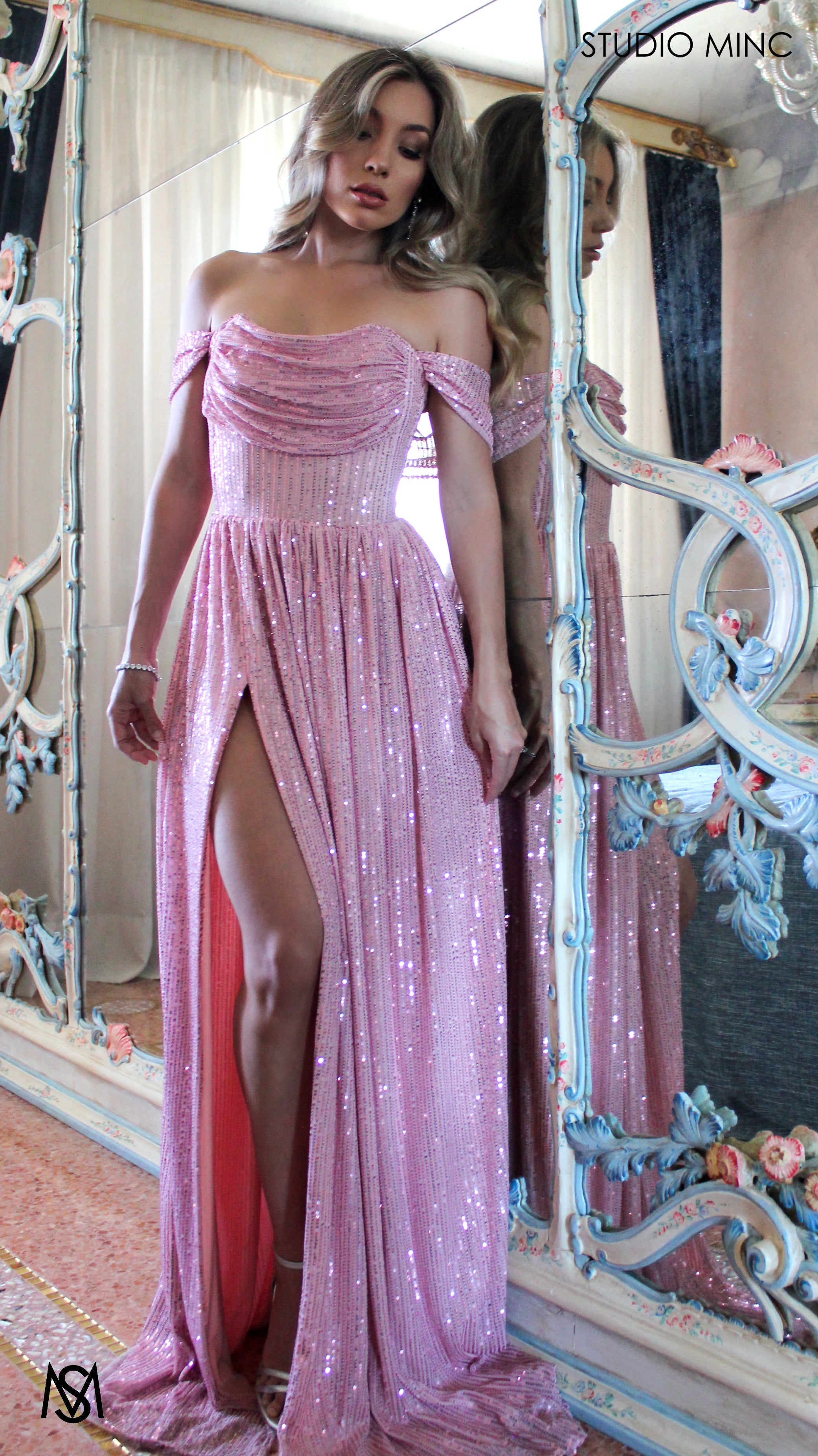 Crush - BLUSH PINK SEQUIN FORMAL DRESS WITH ARM DRAPES