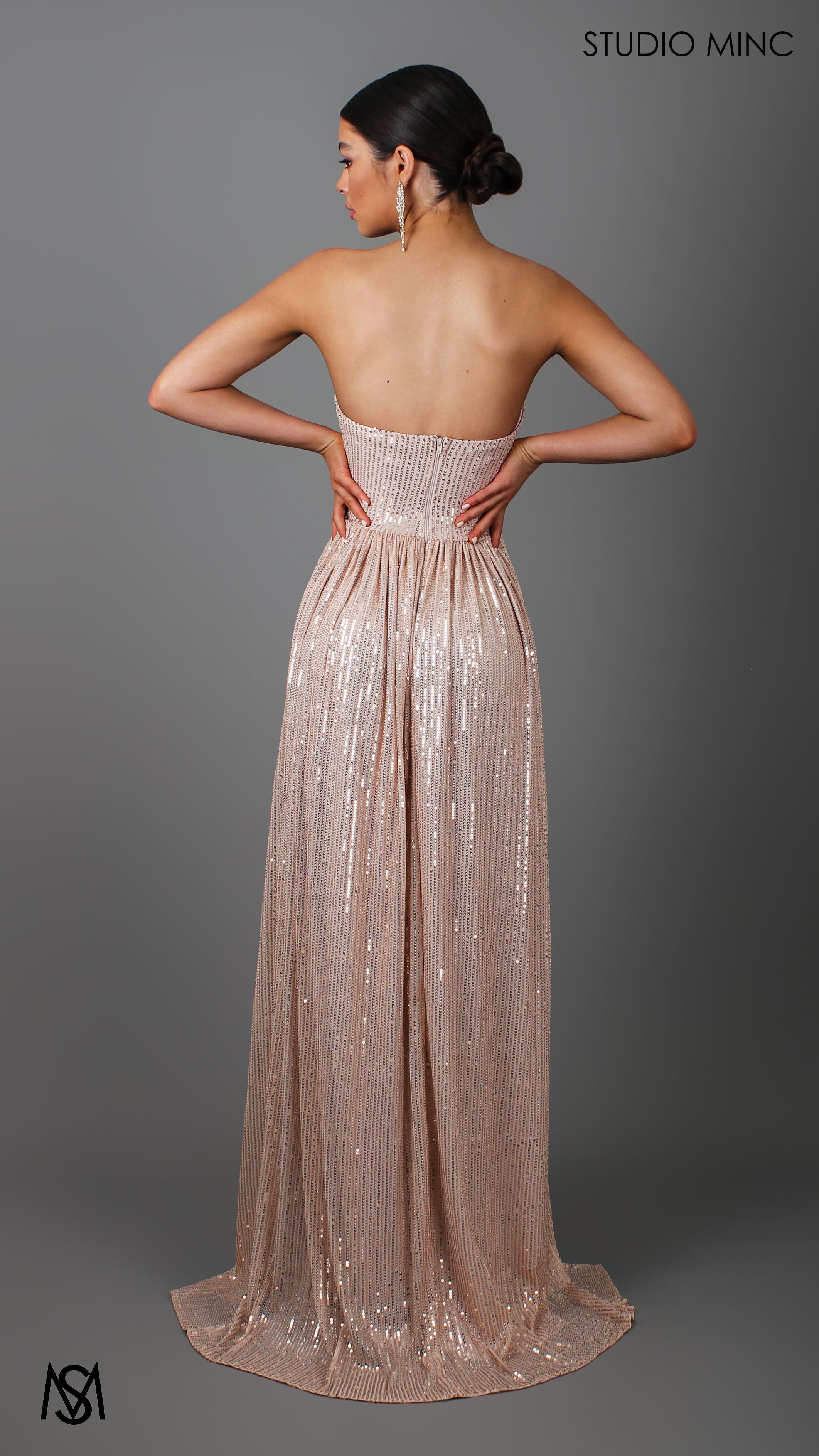 CRUSH - Champagne Gold Sequin Formal Dress with Corset & Arm Drapes