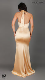 Cherie - Gold Formal Dress, Satin Cowl Plunge halter neck fitted silhouette