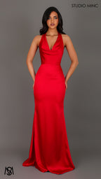 Cherie - Red Formal Dress, Satin Cowl Plunge halter neck fitted silhouette