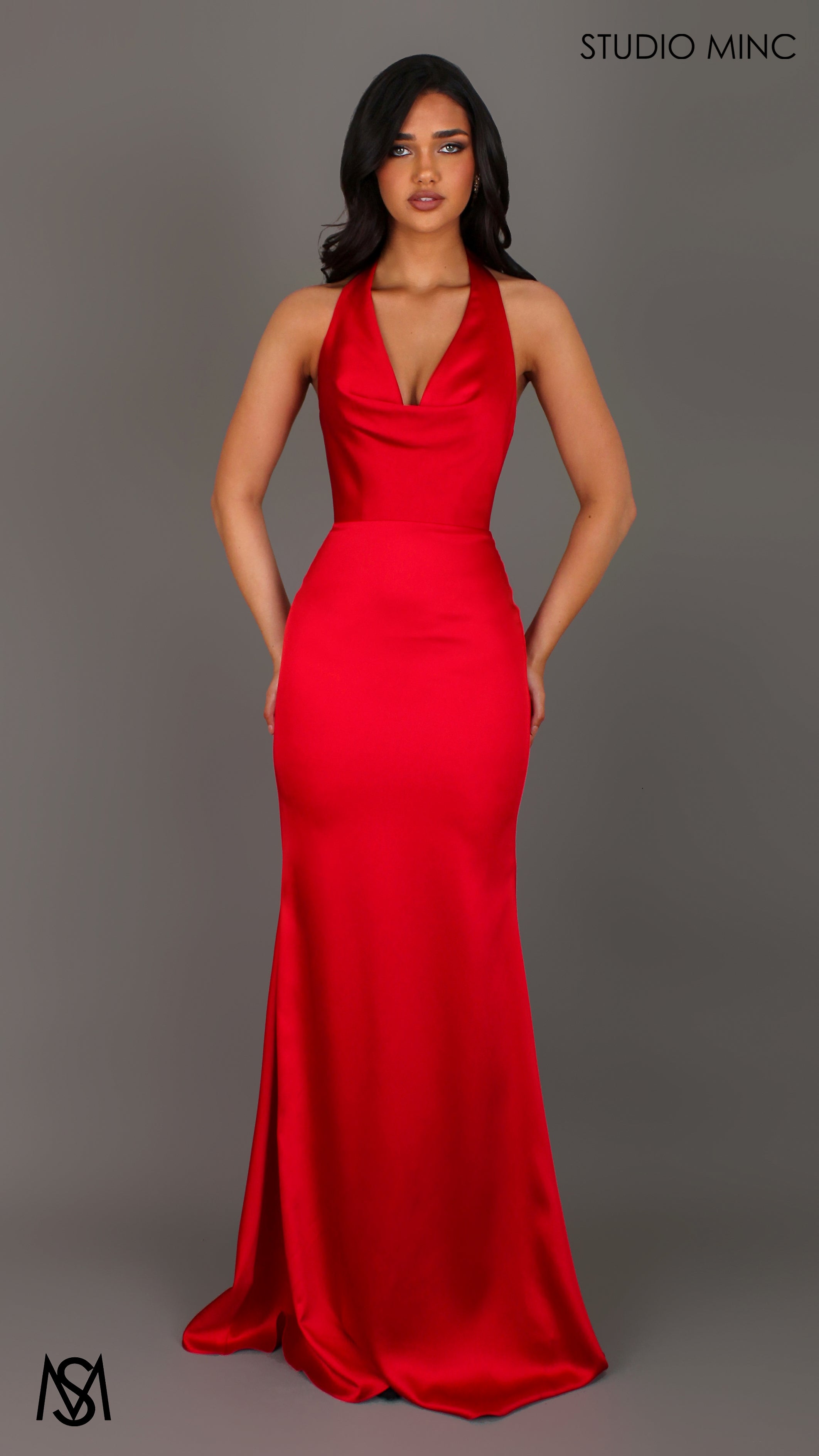 Cherie - Red Formal Dress, Satin Cowl Plunge halter neck fitted silhouette