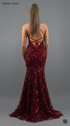 JADORE - Cherry Red Formal Dress with Sequin Overlay & Backless Lace Up