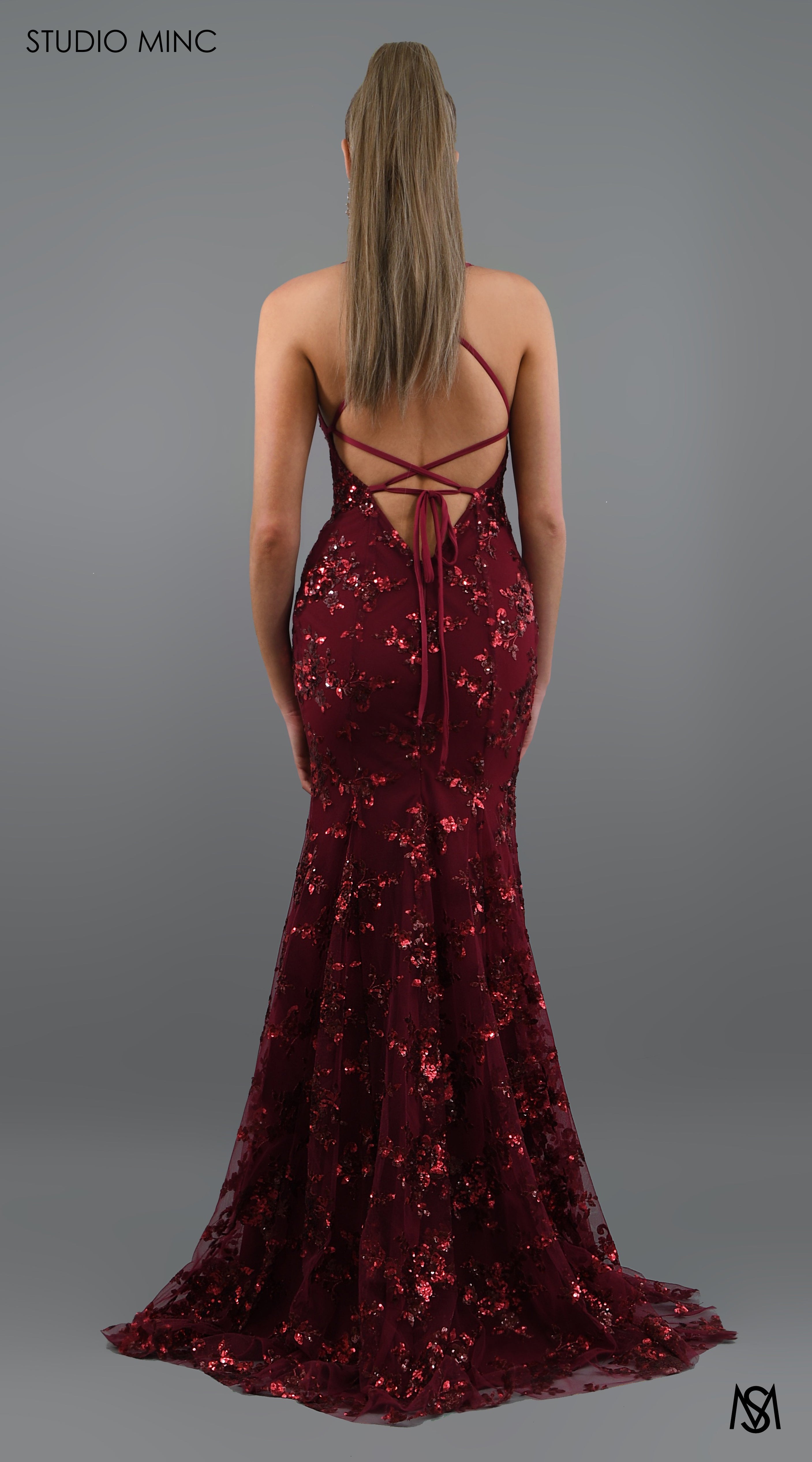 JADORE - Cherry Red Formal Dress with Sequin Overlay & Backless Lace Up