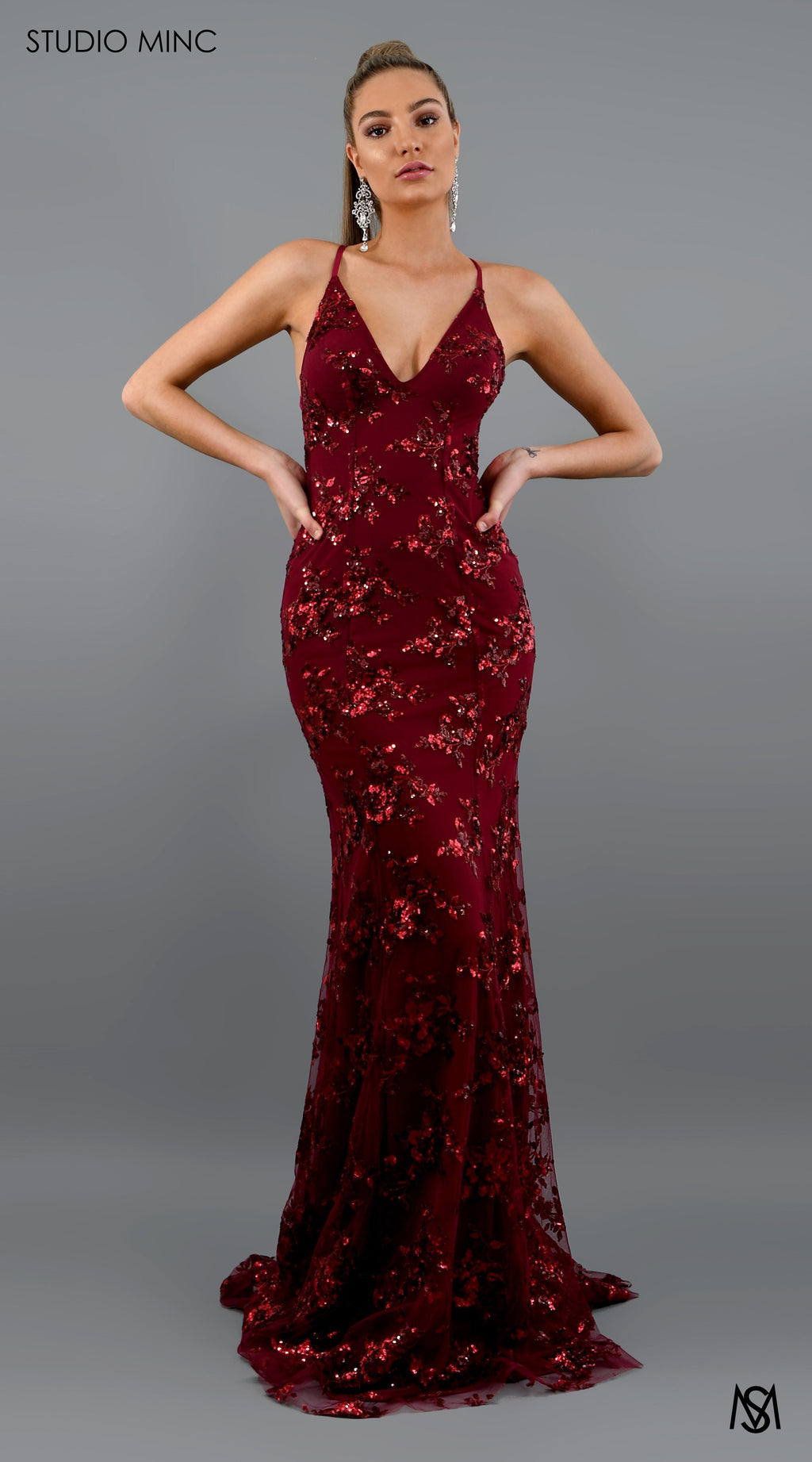 JADORE - Cherry Red Formal Dress with Sequin Overlay & Backless Lace Up
