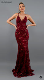 JADORE - Cherry Red Formal Dress with Sequin Overlay & Backless Lace Up