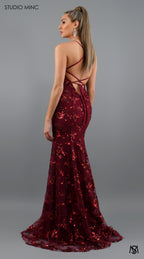 JADORE - Cherry Red Formal Dress with Sequin Overlay & Backless Lace Up