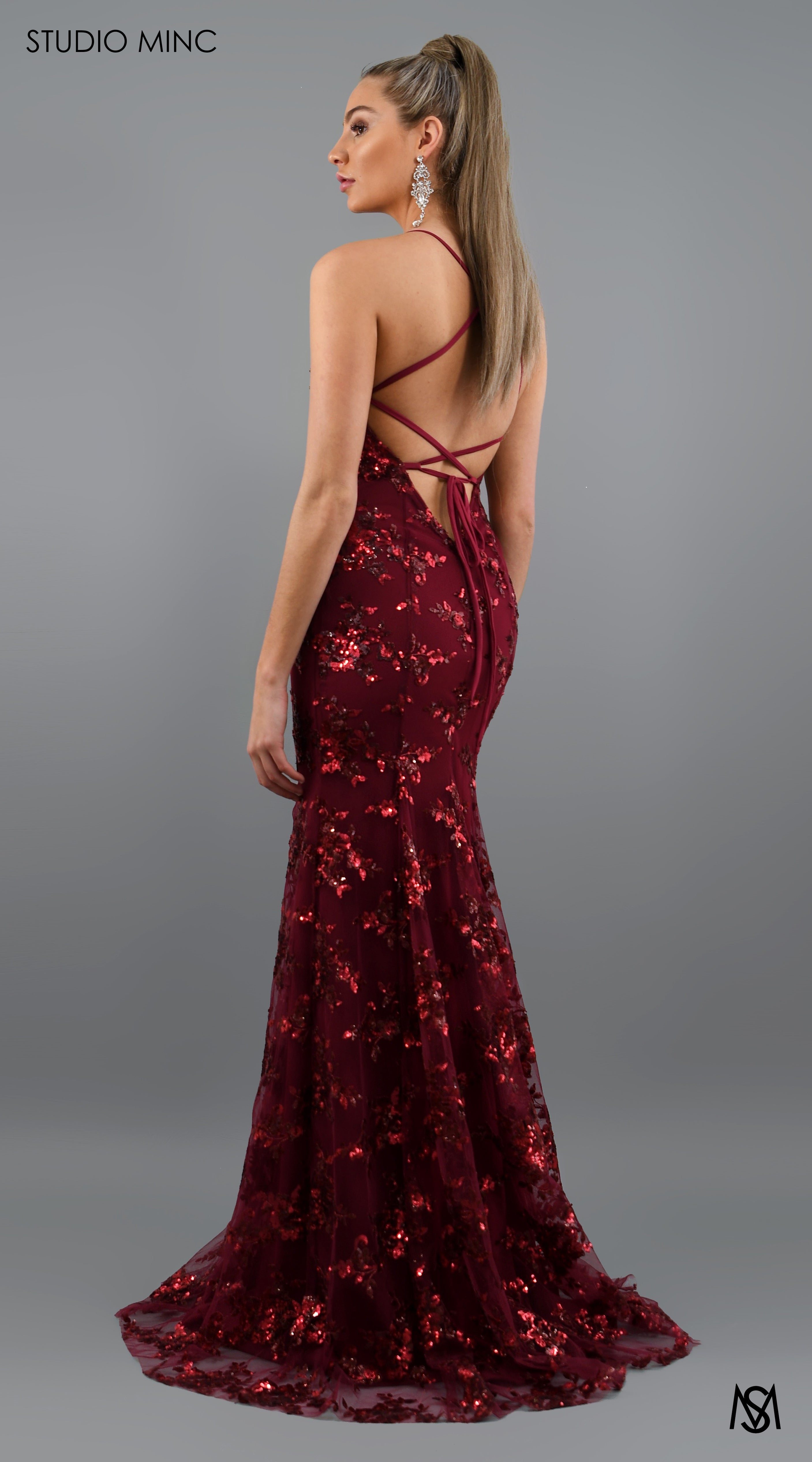 JADORE - Cherry Red Formal Dress with Sequin Overlay & Backless Lace Up