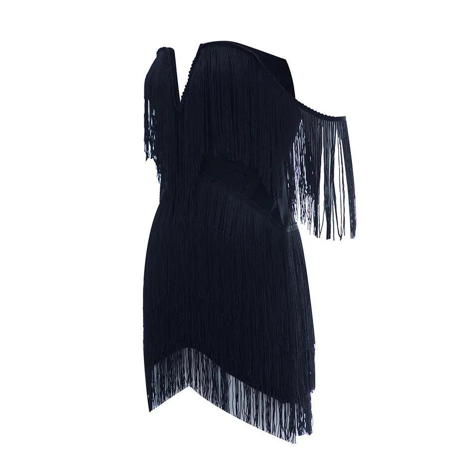 Celestial Chic Black Tassel Off-Shoulder Mini Dress