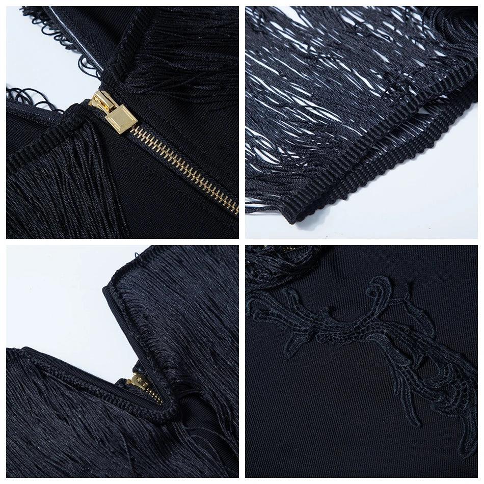 Celestial Chic Black Tassel Off-Shoulder Mini Dress
