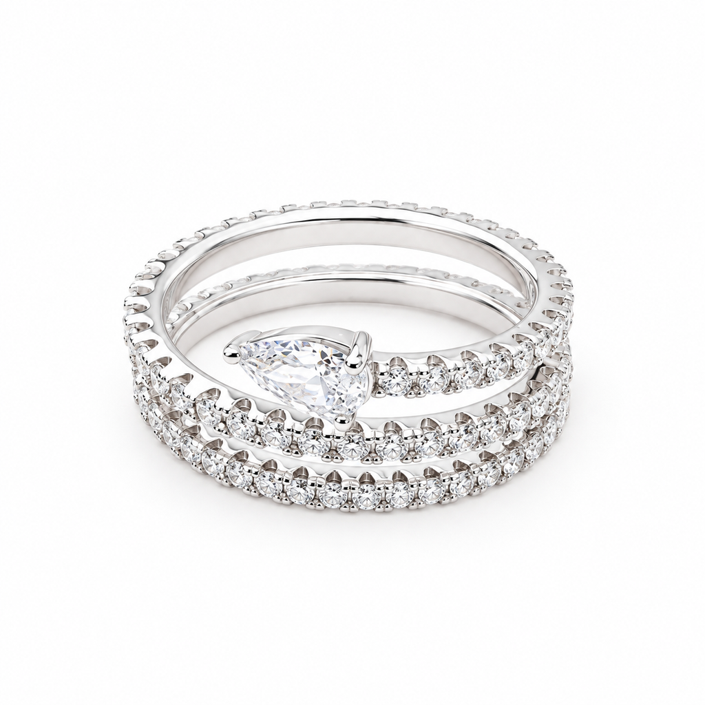 Lys White Pear Cut Gemstone Double Band Crystal Sterling Silver Ring