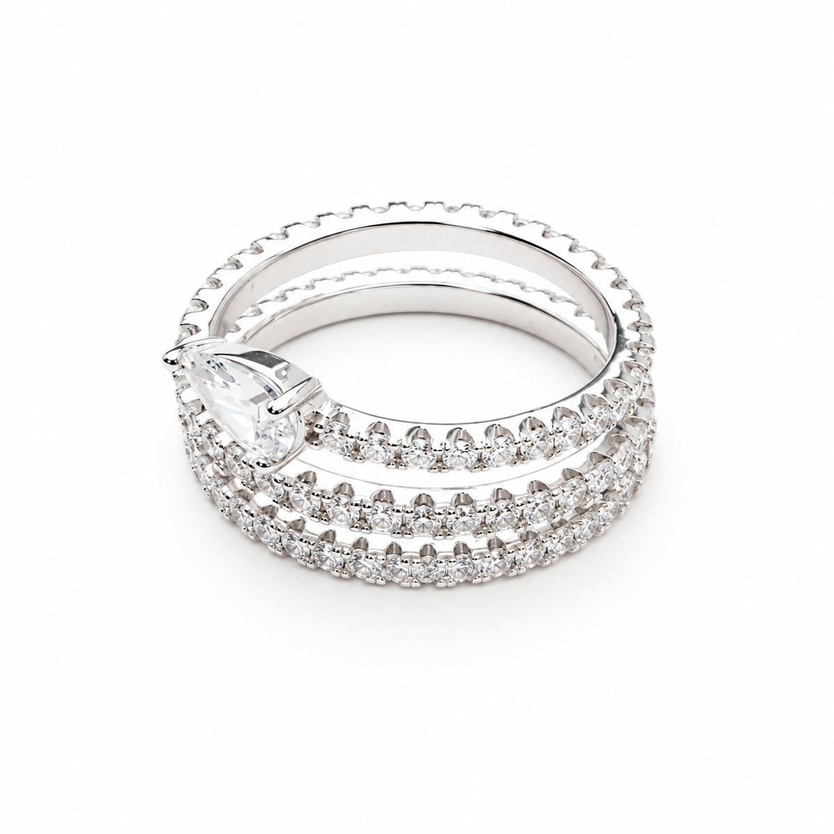 Lys White Pear Cut Gemstone Double Band Crystal Sterling Silver Ring