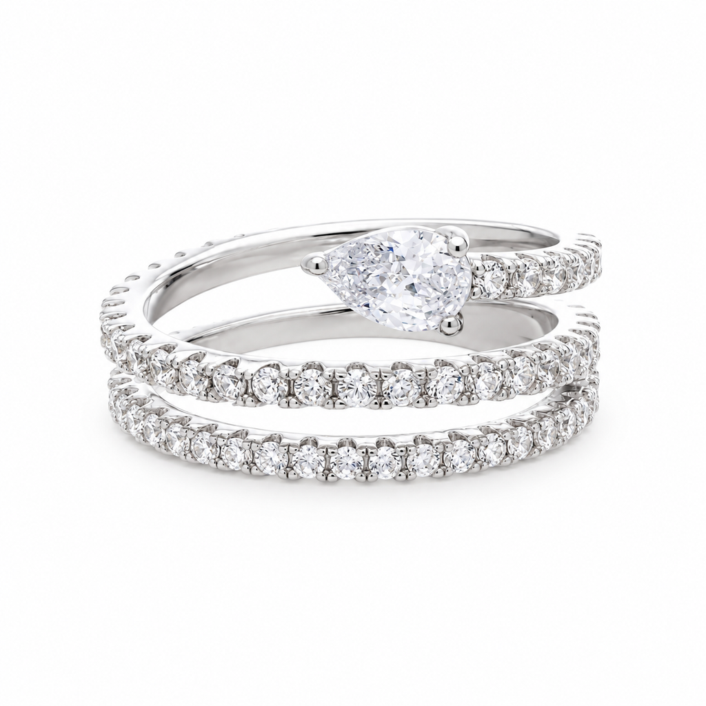 Lys White Pear Cut Gemstone Double Band Crystal Sterling Silver Ring