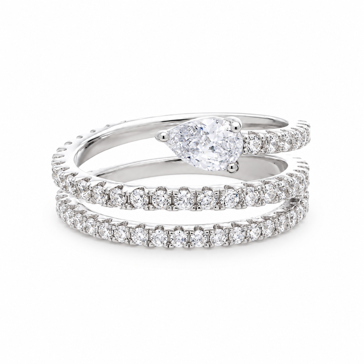 Lys White Pear Cut Gemstone Double Band Crystal Sterling Silver Ring