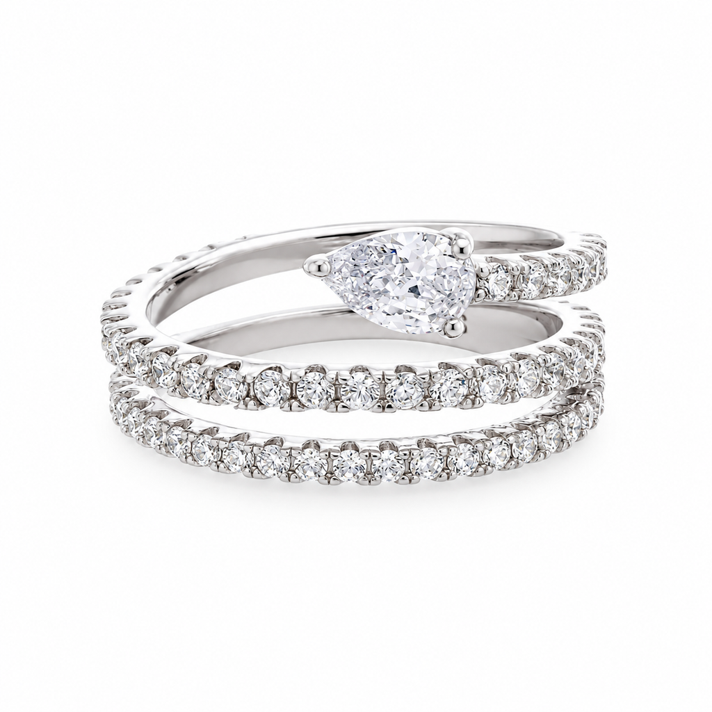 Lys White Pear Cut Gemstone Double Band Crystal Sterling Silver Ring