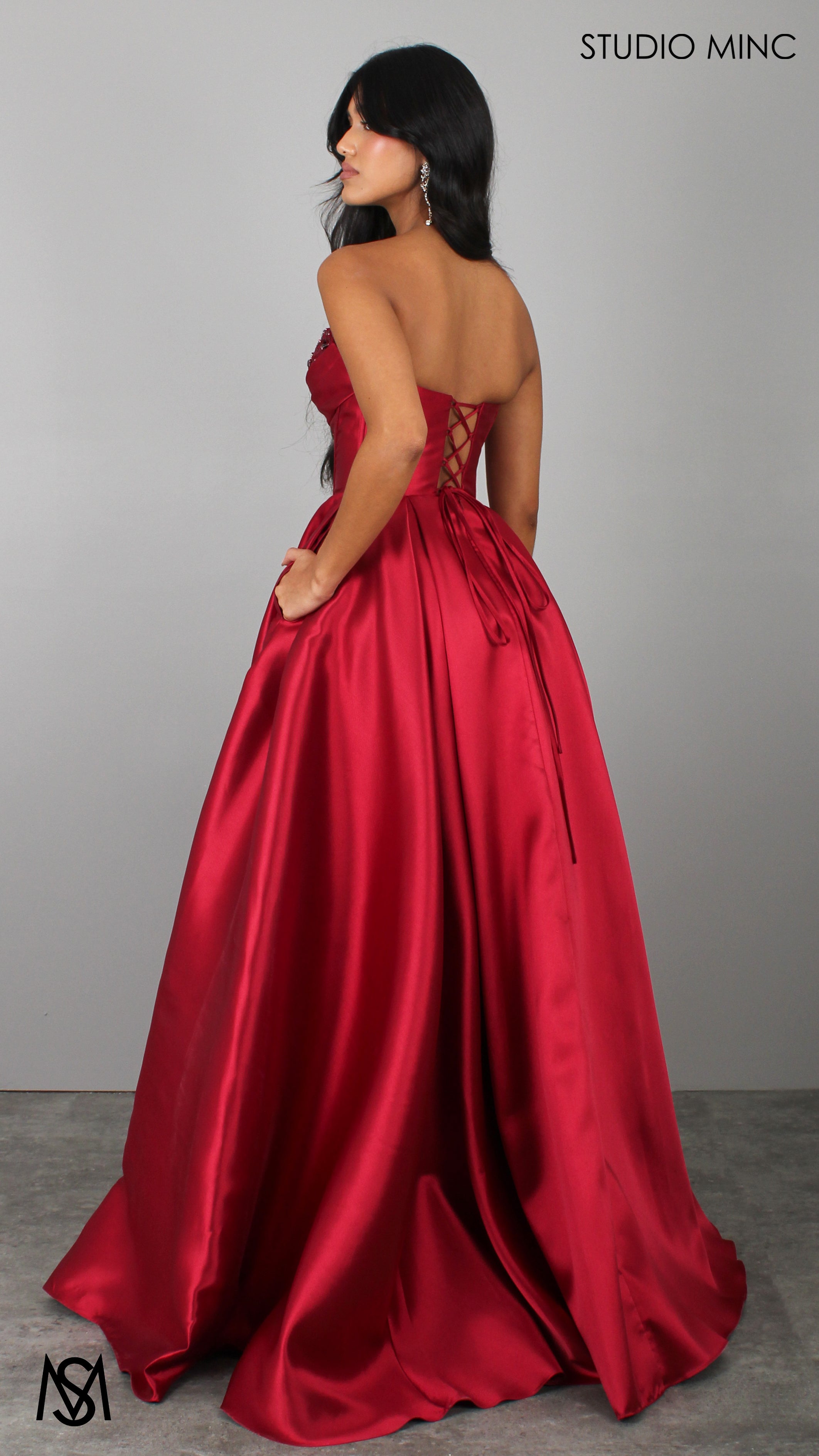Royal - Cherry Deep Red Formal Dress, Strapless Corset Beaded bodice, Satin Mikado Gown