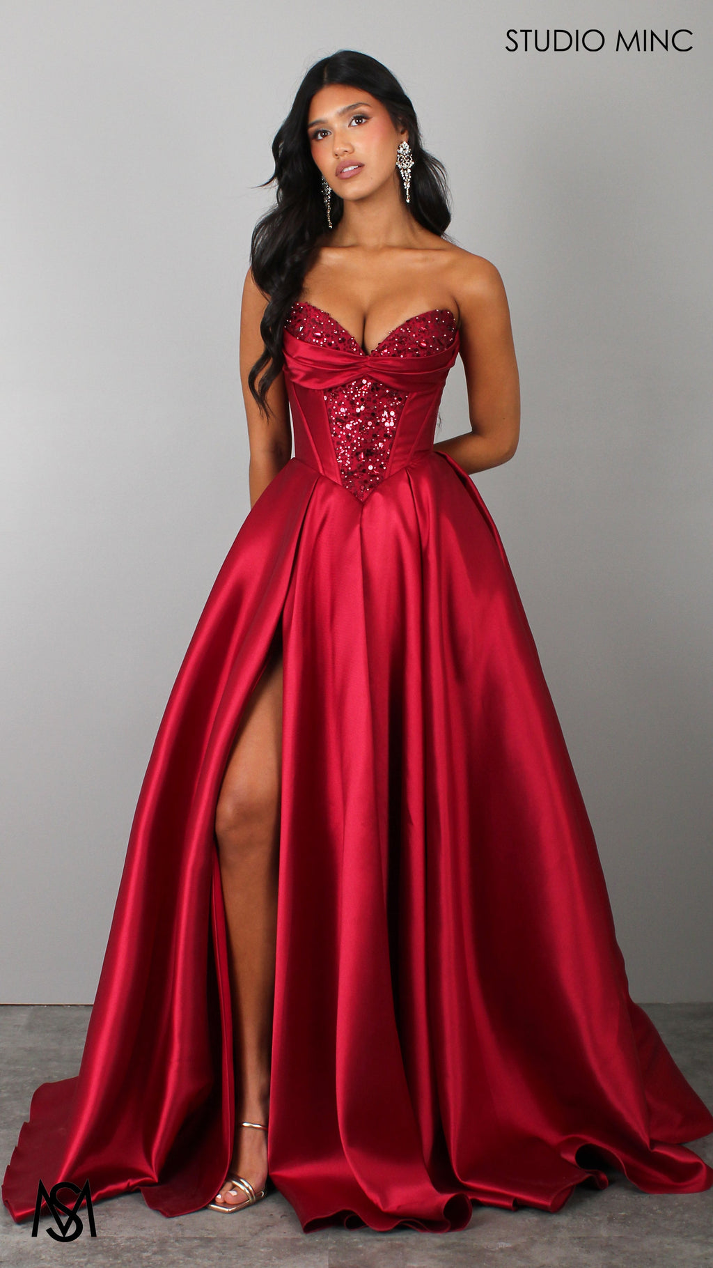 Royal - Cherry Deep Red Formal Dress, Strapless Corset Beaded bodice, Satin Mikado Gown