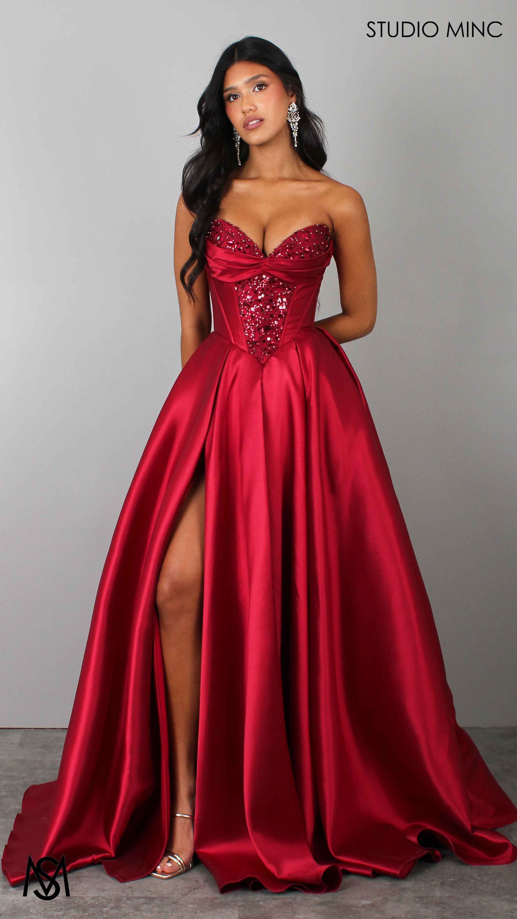 Royal - Cherry Deep Red Formal Dress, Strapless Corset Beaded bodice, Satin Mikado Gown