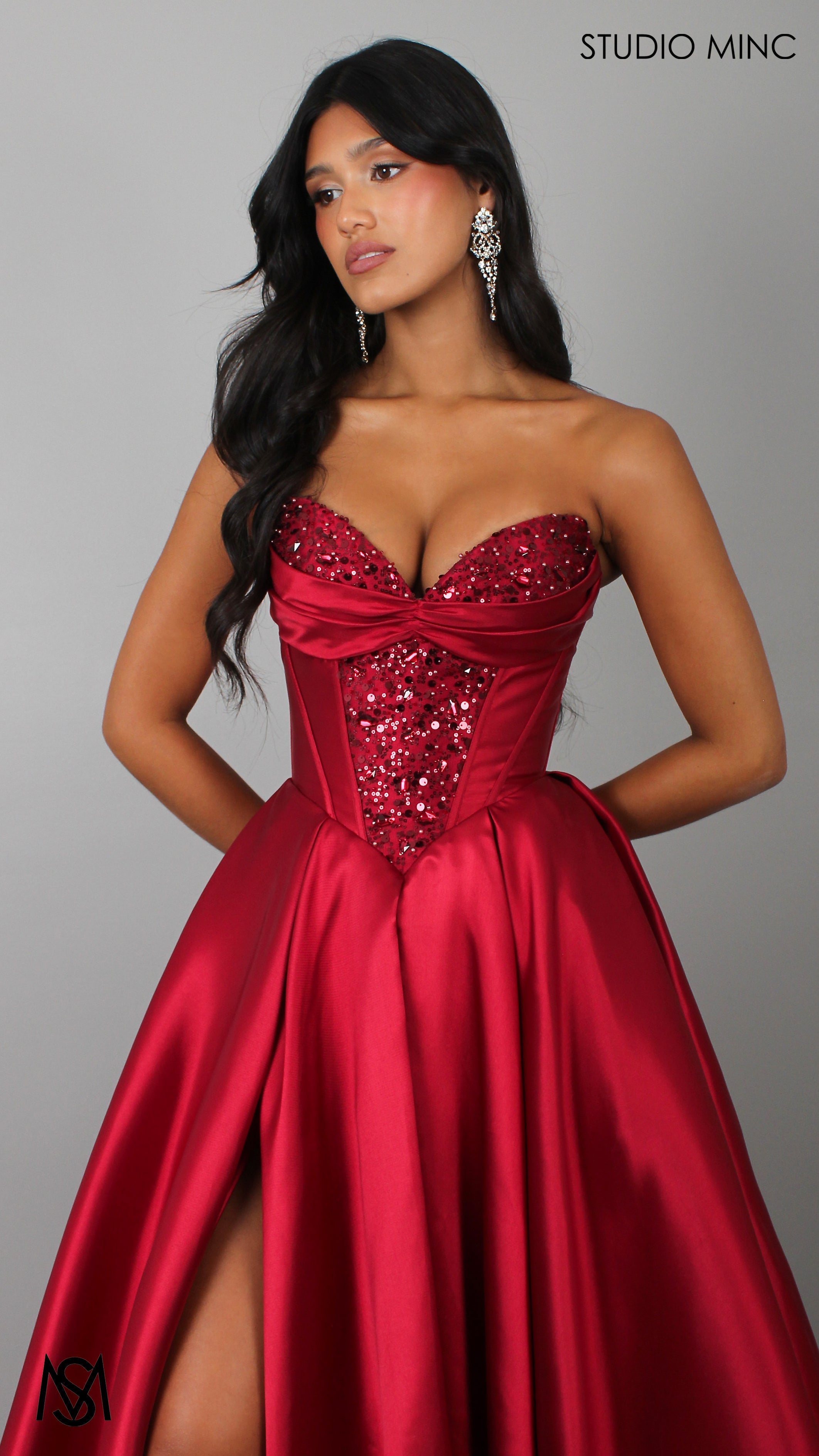 Royal - Cherry Deep Red Formal Dress, Strapless Corset Beaded bodice, Satin Mikado Gown