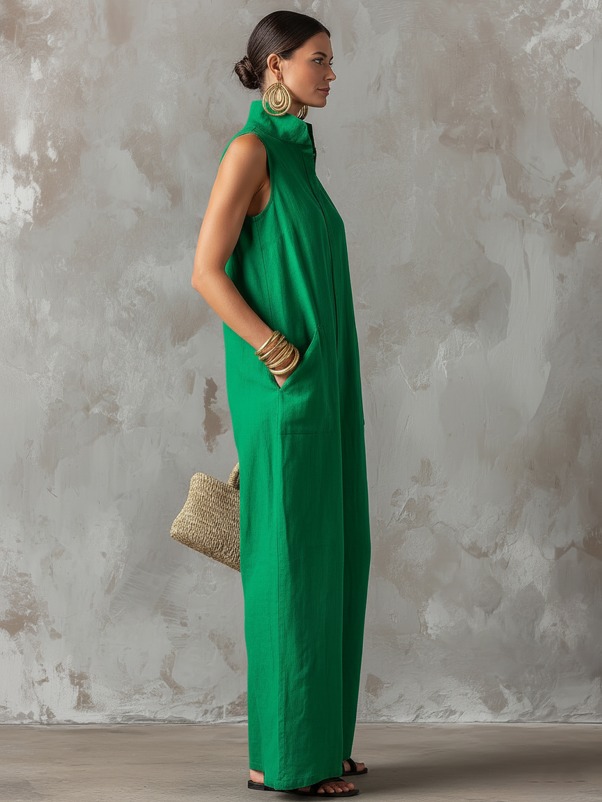 Black Sleeveless Jumpsuit — Stand Collar